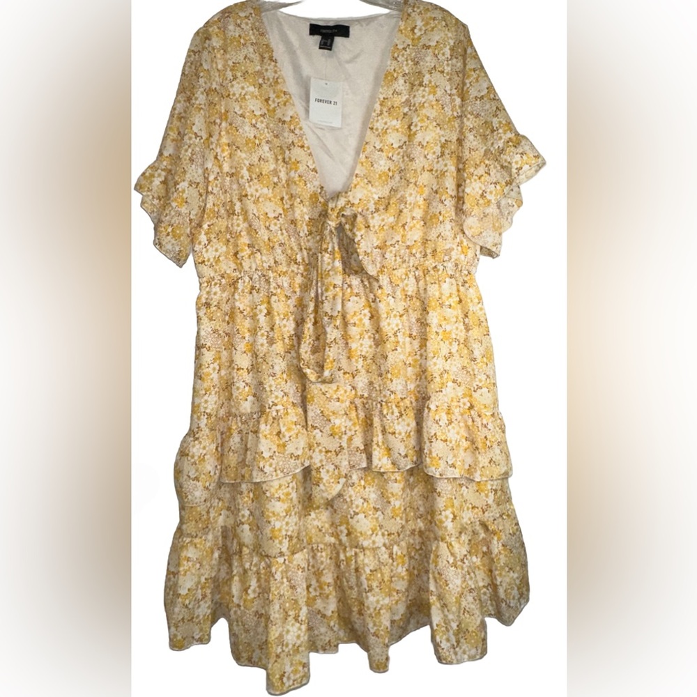 Forever 21 Plus Size Yellow‎ Floral Woven Dress Sheer Front Tie Size 3X NWT